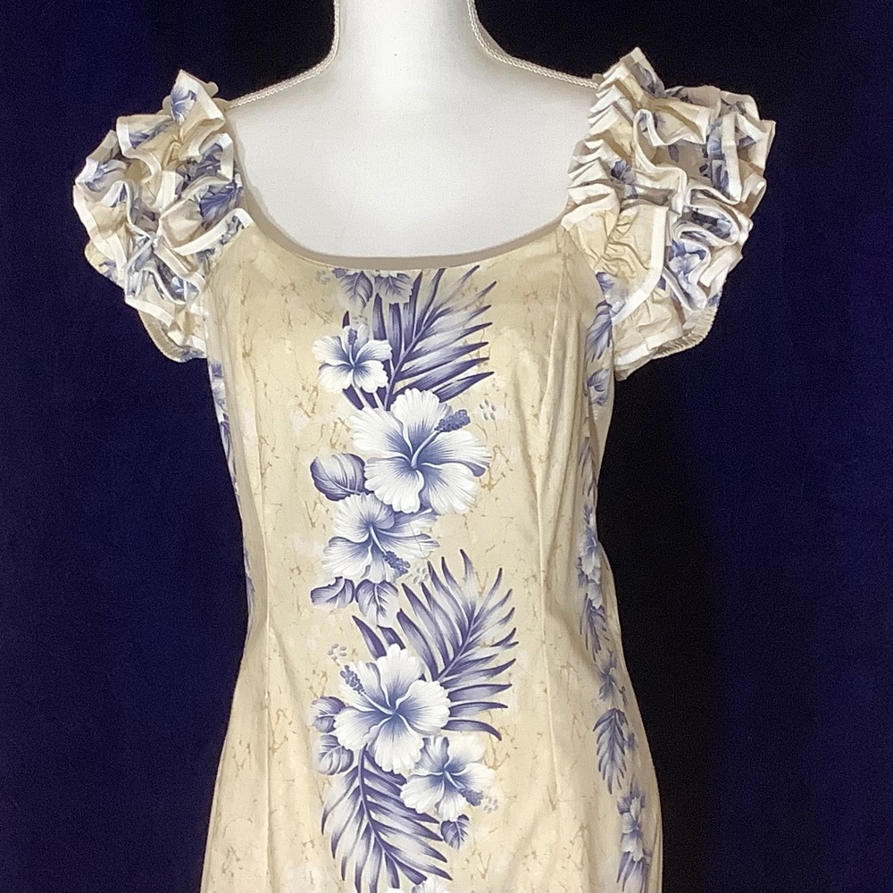 Hawaiian Floral Full Length Hi/Lo Flare Ruffle Dress